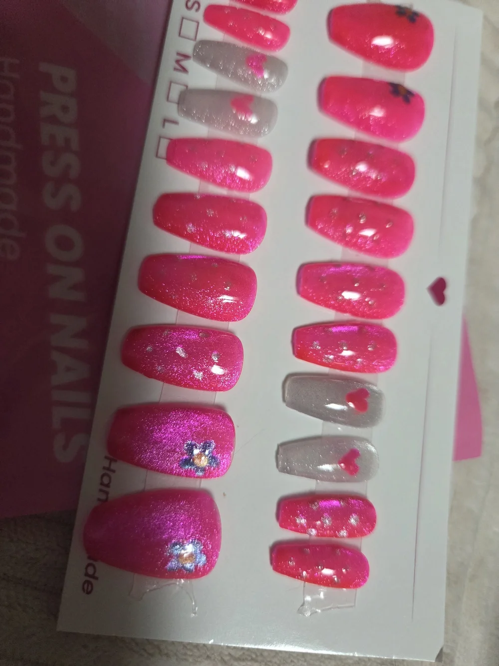 Neon Pink Press-On Nail Set with Accent Hearts And Flowers